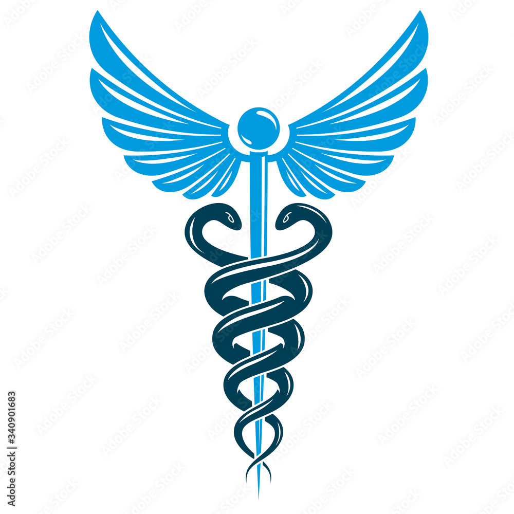 Aesculapius vector abstract emblem composed using wings and snakes best for used in pharmacy advertisement. Aesculapius vector abstract emblem composed using wings and snakes best for used in pharmacy advertisement.