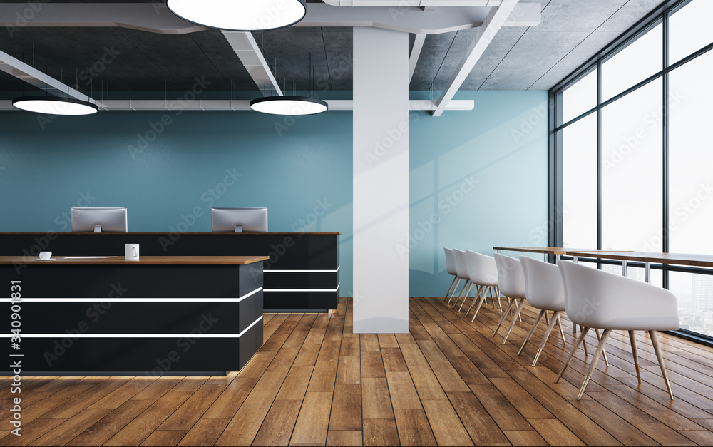 Obraz premium Luxury reception table with computers on loft interior with city view.