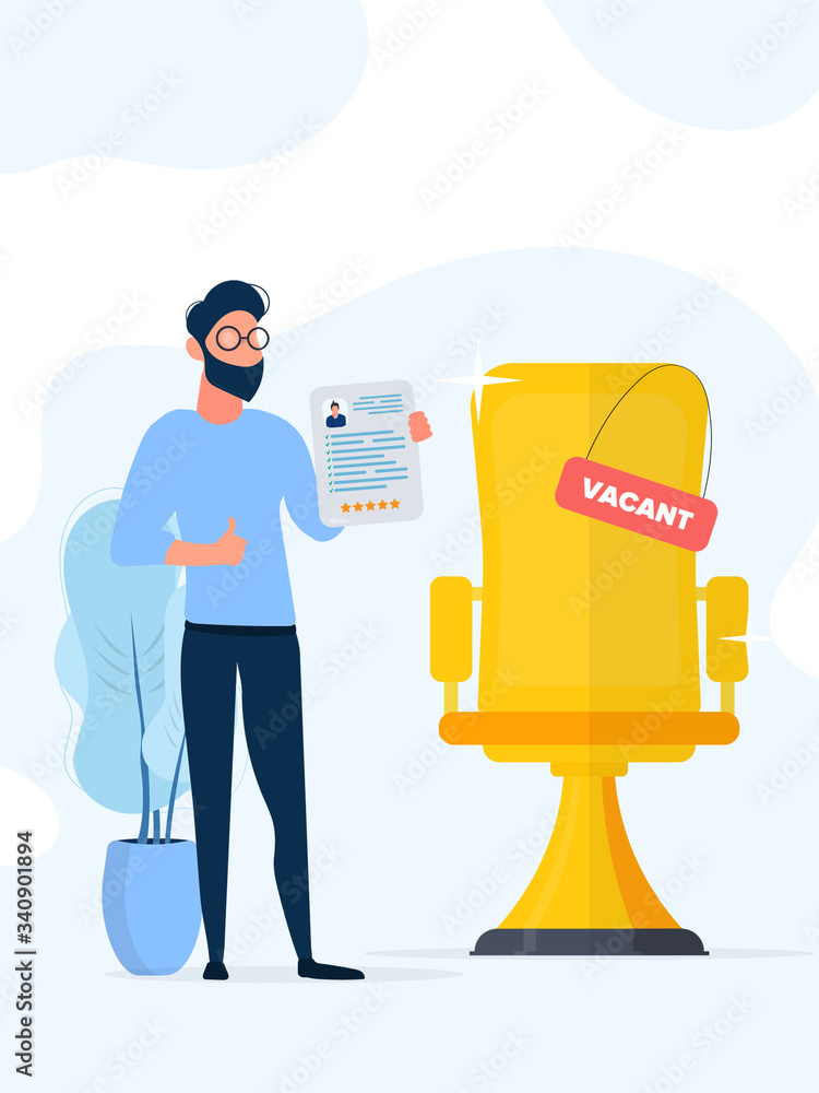 Stylish man with glasses. The guy holds a resume in his hands and shows the class. Golden office chair. Vacant place. The concept of finding people for work. In isolation. Vector