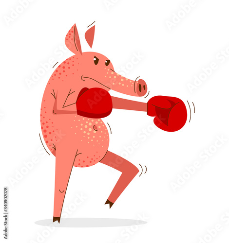 Funny cartoon pig boxing training in gloves vector illustration, animal character swine drawing.