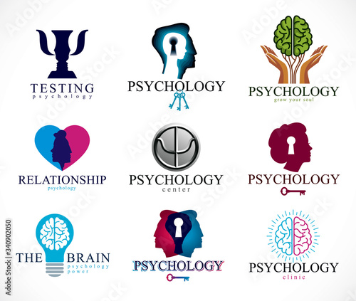 Psychology, brain and mental health vector conceptual icons or logos set. Relationship and gender psychology problems and conflicts, psychoanalysis and psychotherapy, personality and individuality.