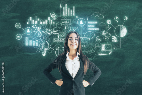 Businesswoman and drawing business sketch on green blackboard