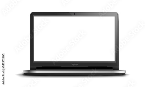 Realistic black laptop with empty screen on isolated background, mockup of the laptop on white background, empty space for your design, vector illustration