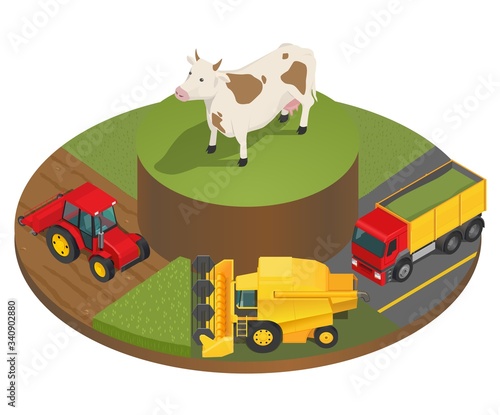 Vector illustration of the stages of harvesting animal feed. Red tractor, combine, truck. Isometry