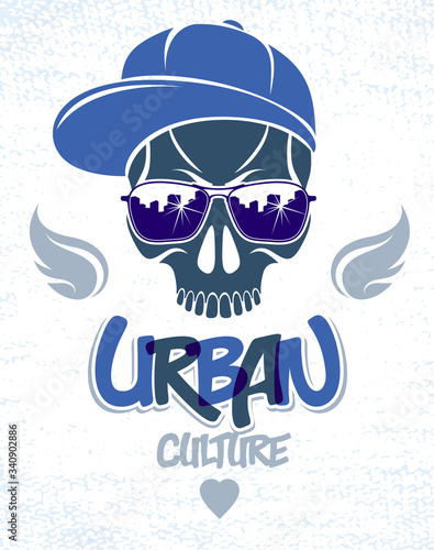 Skull in sunglasses and hat, urban theme vector logo or emblem, gangster or thug illustration, anarchy chaos hooligan, ghetto theme.
