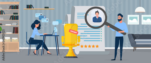 Vacant place. The guy under the magnifying glass reviews the resume. The girl at the computer is looking for new employees. The concept of finding people for work. Vector
