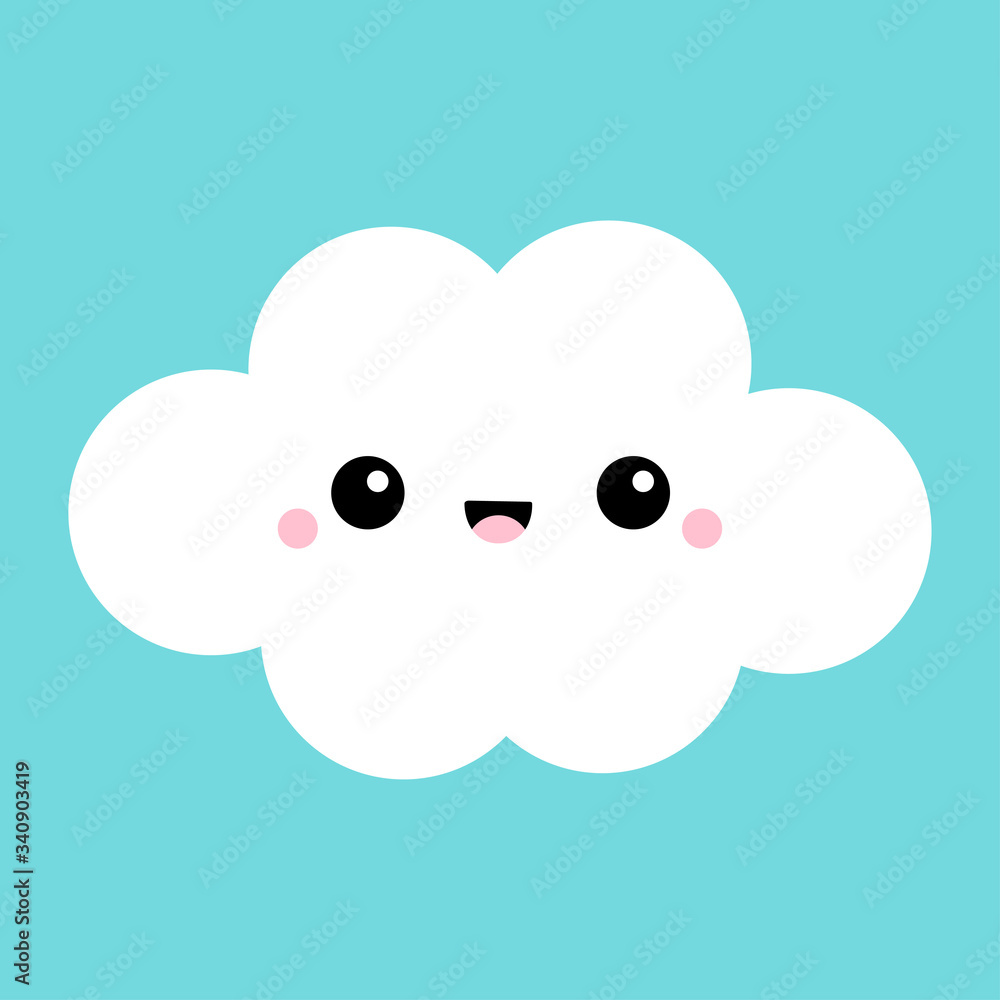 White cloud icon. Smiling face, tongue. Fluffy clouds. Cute cartoon kawaii cloudscape. Love card. Cloudy weather sign symbols. Flat design. Blues sky background. Isolated. White cloud icon. Smiling face, tongue. Fluffy clouds. Cute cartoon kawaii cloudscape. Love card. Cloudy weather sign symbols. Flat design. Blues sky background. Isolated.
