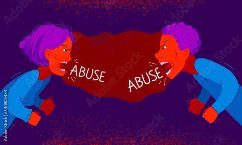 Quarrel between parents make child suffer, little scared boy sun is a victim because of his father and mother aggressively arguing, vector illustration, domestic violence and abuse.