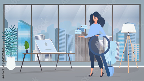 Girl in glasses. Recruitment Specialist. The concept of finding people to work, view vacancies and resumes. Girl, magnifier, cabinet, cabinet with documents, floor lamp with wooden legs. Vector