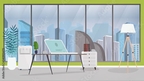 Vector illustration of an office. Office of the director or chief. Desk, laptop, floor lamp, stand with books.