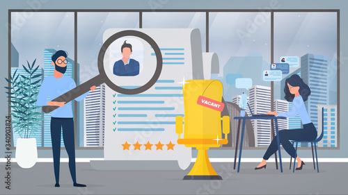 Vacant place. The guy under the magnifying glass reviews the resume. The girl at the computer is looking for new employees. The concept of finding people for work. Vector