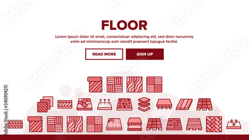 Floor And Material Landing Web Page Header Banner Template Vector. Parquet And Carpet, Laminate And Marble, Linoleum Roll And Waterproof Floor Illustrations