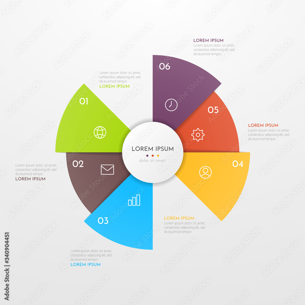 Abstract modern template for creating infographics with 6 options. Vector circle chart design. Can be used for workflow layout, presentations, reports, visualizations, diagram, web design, education. Abstract modern template for creating infographics with 6 options. Vector circle chart design. Can be used for workflow layout, presentations, reports, visualizations, diagram, web design, education.