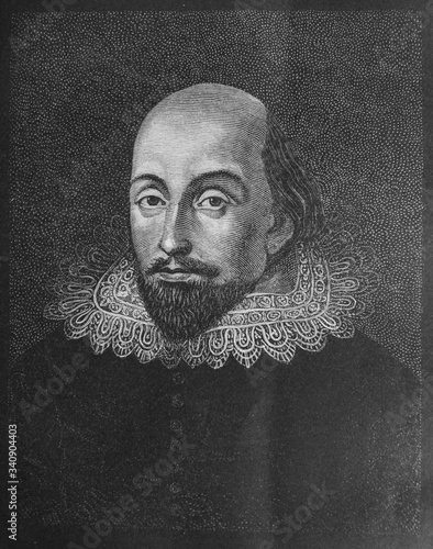 Portrait of William Shakespeare, an English poet, playwright, and acto in the English language in the old book the Shakespeare's life, by V. Chuiko, 1889, St. Petersburg photo