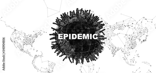 Coronavirus outbreak. 3D black and white illustration with word EPIDEMIC and pathogenic microorganism  panorama