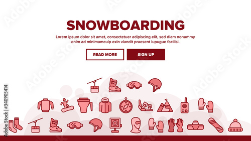 Snowboarding Landing Web Page Header Banner Template Vector. Mask And Snowboard, Shoes And Helmet, Gloves And Cup Snowboarding Accessory Illustrations © vectorwin