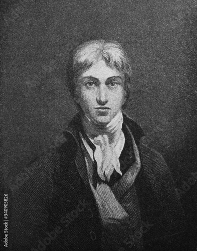 The William Turner's portrait, an English Romantic painter, printmaker and watercolourist in the old book the History of Painting, by R. Muter, 1887, St. Petersburg photo