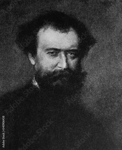 The Wilhelm Busch's portrait, a German humorist, poet, illustrator, and painter in the old book the History of Painting, by R. Muter, 1887, St. Petersburg photo
