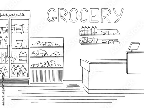 Grocery store shop interior black white graphic sketch illustration vector