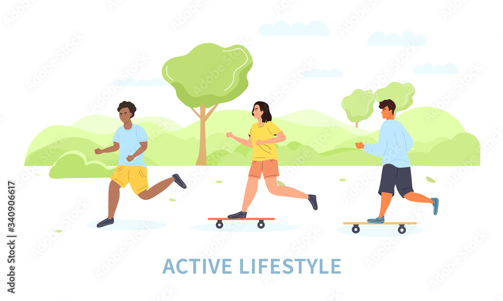 Group of diverse young people leading an active lifestyle skateboarding and jogging in a park, colored vector illustration panorama banner