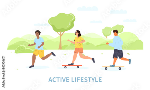 Group of diverse young people leading an active lifestyle skateboarding and jogging in a park  colored vector illustration panorama banner