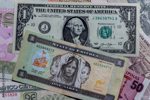 One  US Dollar with Different Eritrean nakfa Banknotes photo
