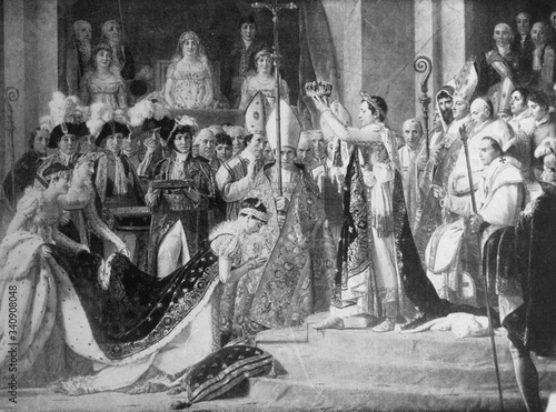 The Coronation of Empress Josephine, by the French painter Jacques-Louis David in the old book the History of Painting, by R. Muter, 1887, St. Petersburg photo