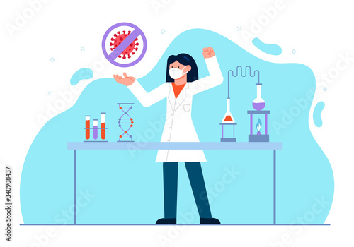 Female Scientist with Face Mask Discovers Virus Antidote Vaccine Concept. Laboratory Research in Flat Design Style Vector Illustration