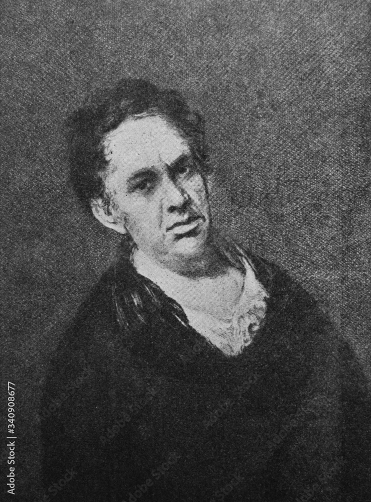 Fototapeta premium The Francisco Goya's portrait, a Spanish romantic painter and printmaker in the old book the History of Painting, by R. Muter, 1887, St. Petersburg