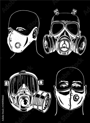 Graphical set of gas masks isolated on black background, vector engraved illustration, virus elements