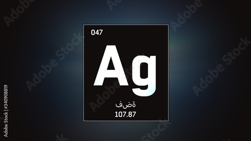 3D illustration of Silver as Element 47 of the Periodic Table. Grey illuminated atom design background orbiting electrons name, atomic weight element number in Arabic language