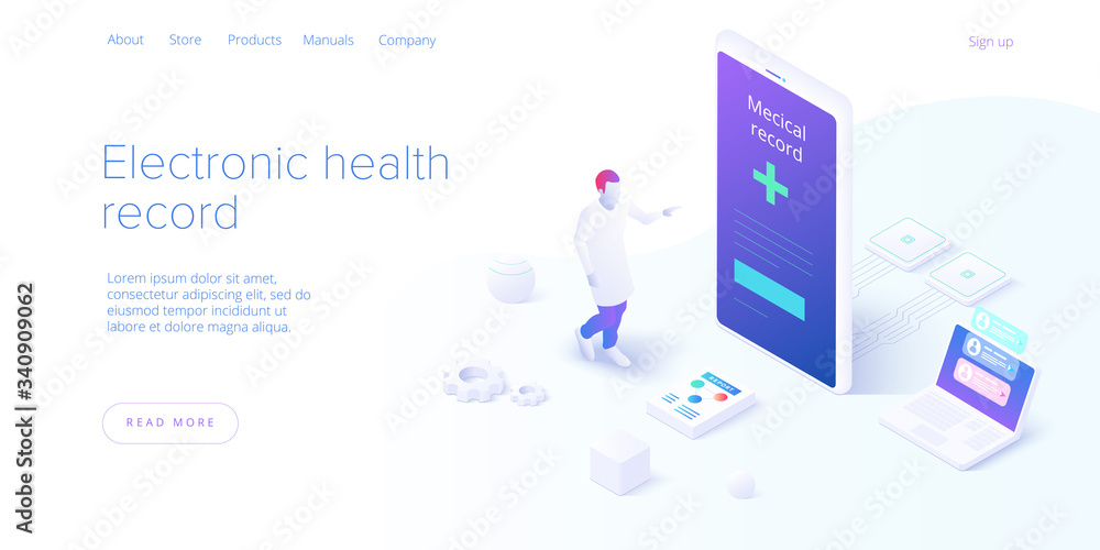 Electronic health record concept in isometric vector design. Male doctor or physician with EHR database in smartphone. Healthcare or medical patient data storage system. Web banner layout template. Electronic health record concept in isometric vector design. Male doctor or physician with EHR database in smartphone. Healthcare or medical patient data storage system. Web banner layout template.