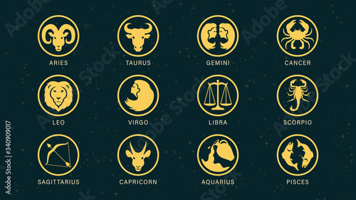 Detailed flat vector set of the zodiac horoscope signs as golden icons on top of a dimmed semi-accurate star map. Feel free to use only parts of the illustration too.