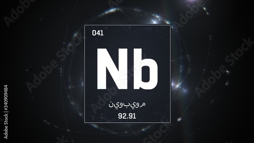 3D illustration of Niobium as Element 41 of the Periodic Table. Silver illuminated atom design background orbiting electrons name, atomic weight element number in Arabic language