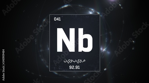 3D illustration of Niobium as Element 41 of the Periodic Table. Silver illuminated atom design background orbiting electrons name, atomic weight element number in Arabic language photo