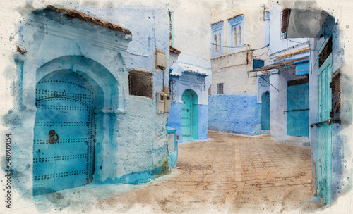 CHEFCHAOUEN, MOROCCO in watercolor style illustration. Traditional moroccan architectural details and painted houses. Street with bright blue walls with arch. Blue city © mitzo_bs