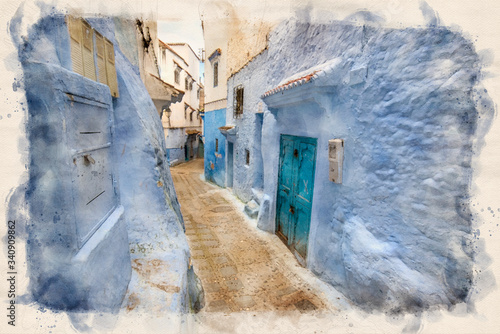 CHEFCHAOUEN, MOROCCO in watercolor style illustration. Traditional moroccan architectural details and painted houses. Street with bright blue walls with arch. Blue city © mitzo_bs