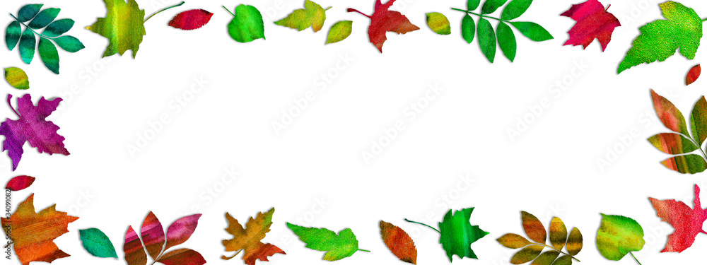 Frame layout of watercolor autumn leaves. Template. Copy space.