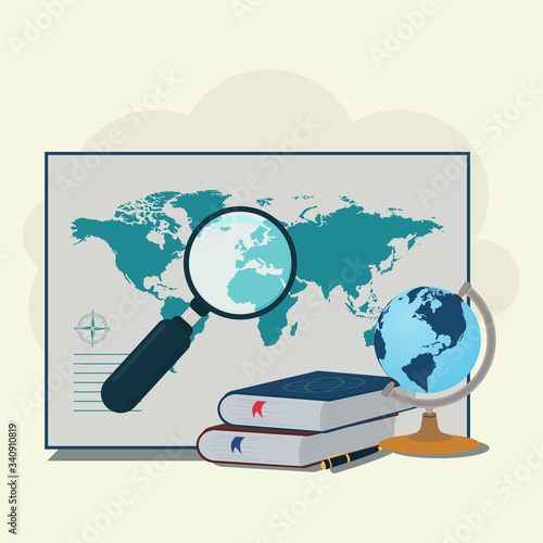 Map, books, pen, globe and magnifying glass. Geography lesson concept