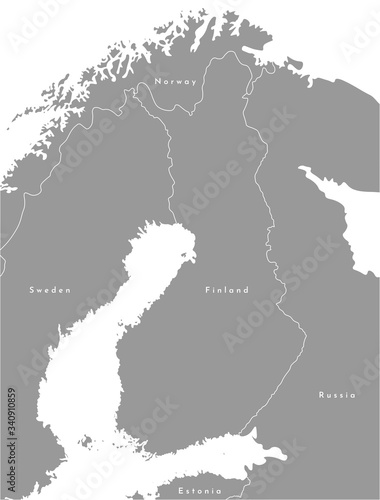 Vector modern illustration. Simplified political map, Finland is in the center bordered by Sweden, Norway, Russia. Grey color, white outline