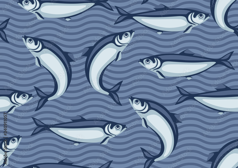Seamless pattern with herring fish. Pacific sardine.