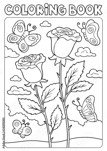 Coloring book roses and butterflies