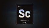 3D illustration of Scandium as Element 21 of the Periodic Table. Grey illuminated atom design background orbiting electrons name, atomic weight element number in Arabic language