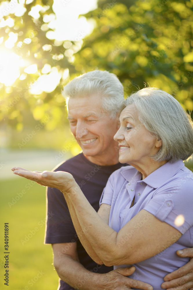 Portrait of senior couple in the park showing something