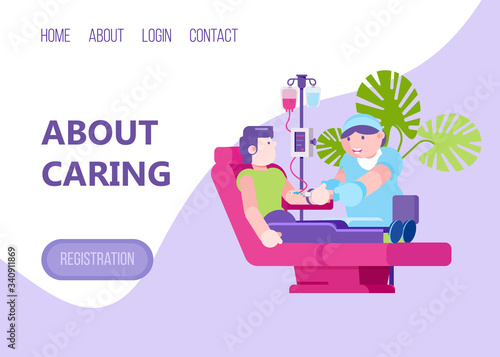 Caring web landing banner, character nurse take blood male patient, flat vector illustration. Button home about login and contact. Internet page for medical site, therapeutic department test.