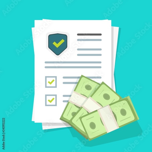 Money financial insurance protection document or cash investment secure safety care guarantee vector flat cartoon, concept of currency wealth risk shield or deposit banking coverage trust savings