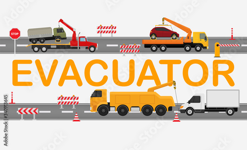 Evacuator road technical, working machine truck isolated on white, flat vector illustration. Flow highway traffic jam, tow truck carry broken car. City service transportation fracture vehicle.