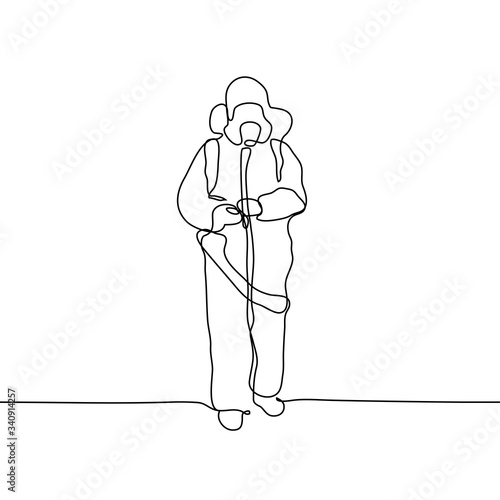 Man wearing protective suits disinfecting space with spray chemicals to prevent the spreading of the coronavirus. One continuous black line art on white background. It can be used for animation.