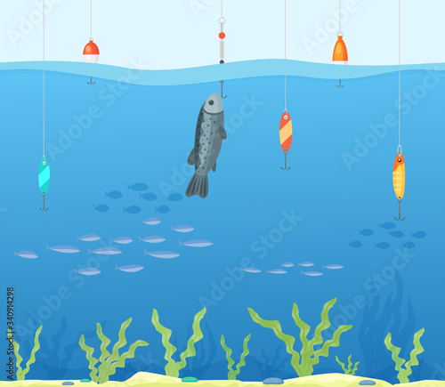 Tropical sea fishing concept, clean water fishing spot flat vector illustration. Human person hobby angling seaside dweller, search food reservoir. Caught river minnow fishing rod float .