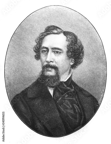 The Charles Dickens' portrait, an English writer and social critic in the old book the Charles Dickens's life, by A. Annenskaya, 1892, St. Petersburg